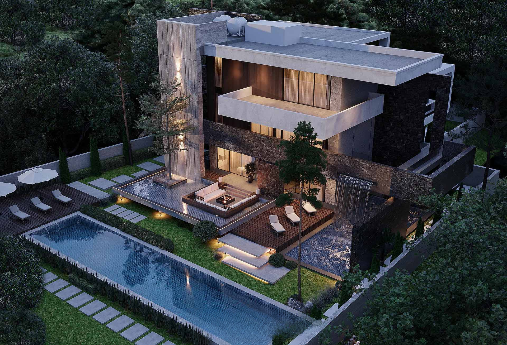 Sân vườn biệt thự có hồ bơi và nhiều khu vực vui chơi