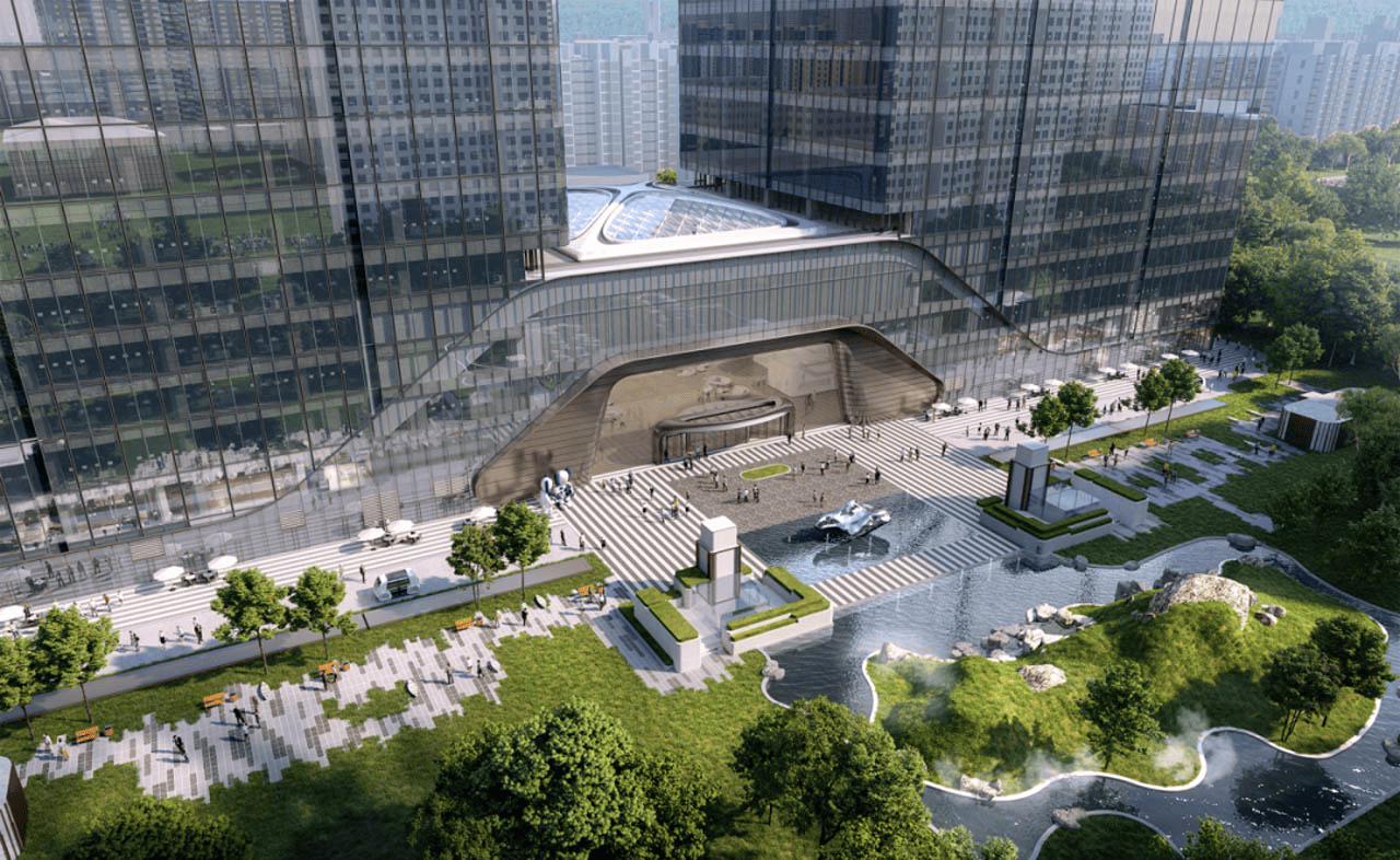 Mặt nước và nhạc nước tạo điểm nhấn cảnh quan thu hút cho trung tâm thương mại.