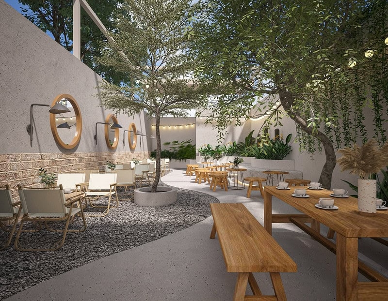 Thiết kế quán cafe sân vườn hiện đại và tối giản