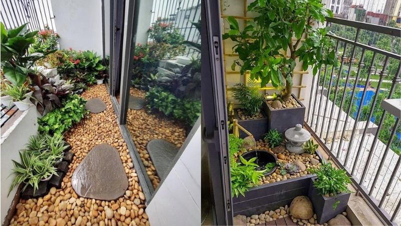 Tiểu cảnh ban công kết hợp sàn gỗ ngoài trời và đá cuội