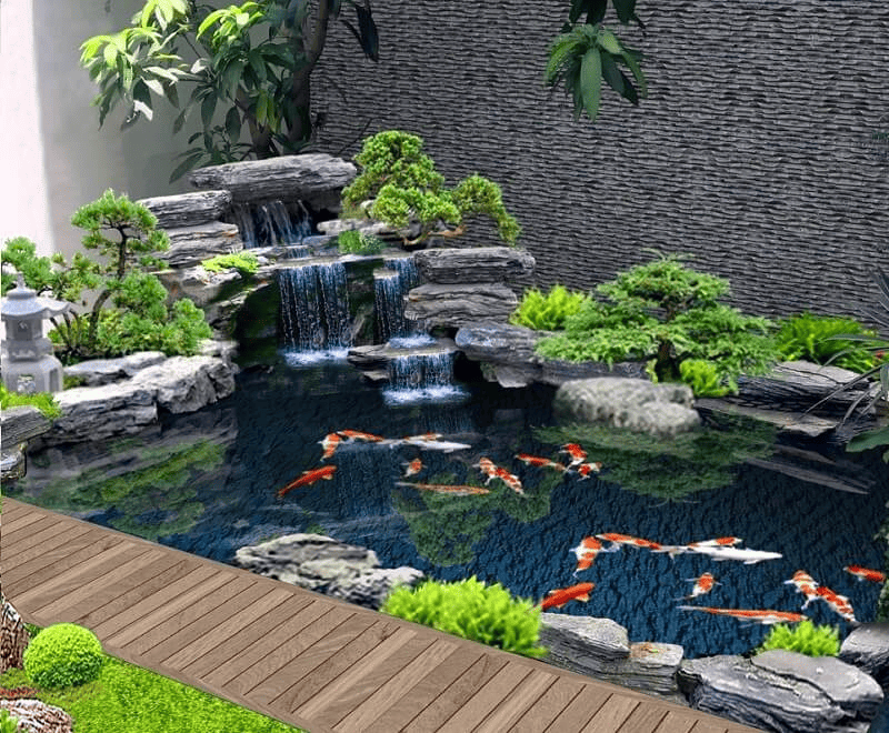Tiểu cảnh thác nước kết hợp hồ cá