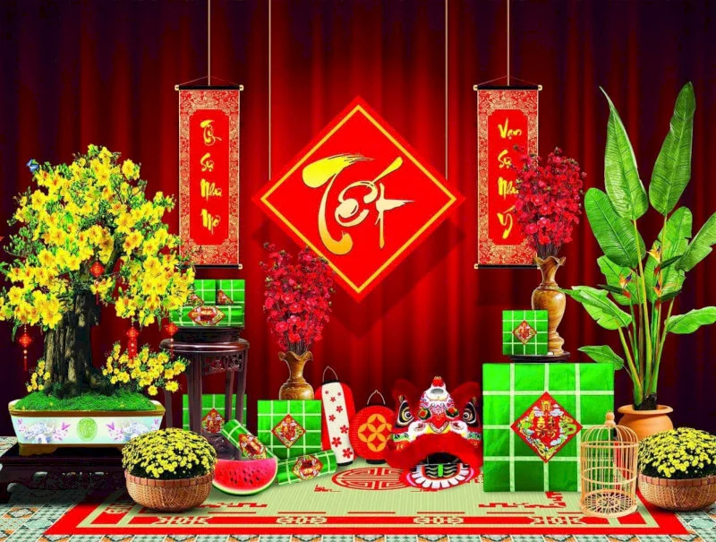 Câu đối đỏ và chữ thư pháp mang đậm nét truyền thống cho sảnh ngày Tết.