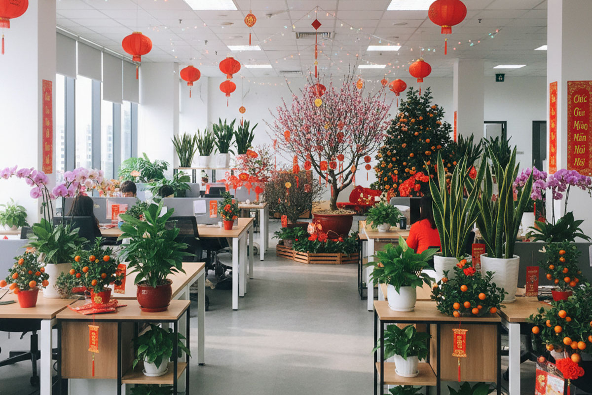 Xu hướng trang trí cây xanh văn phòng Tết 2026
